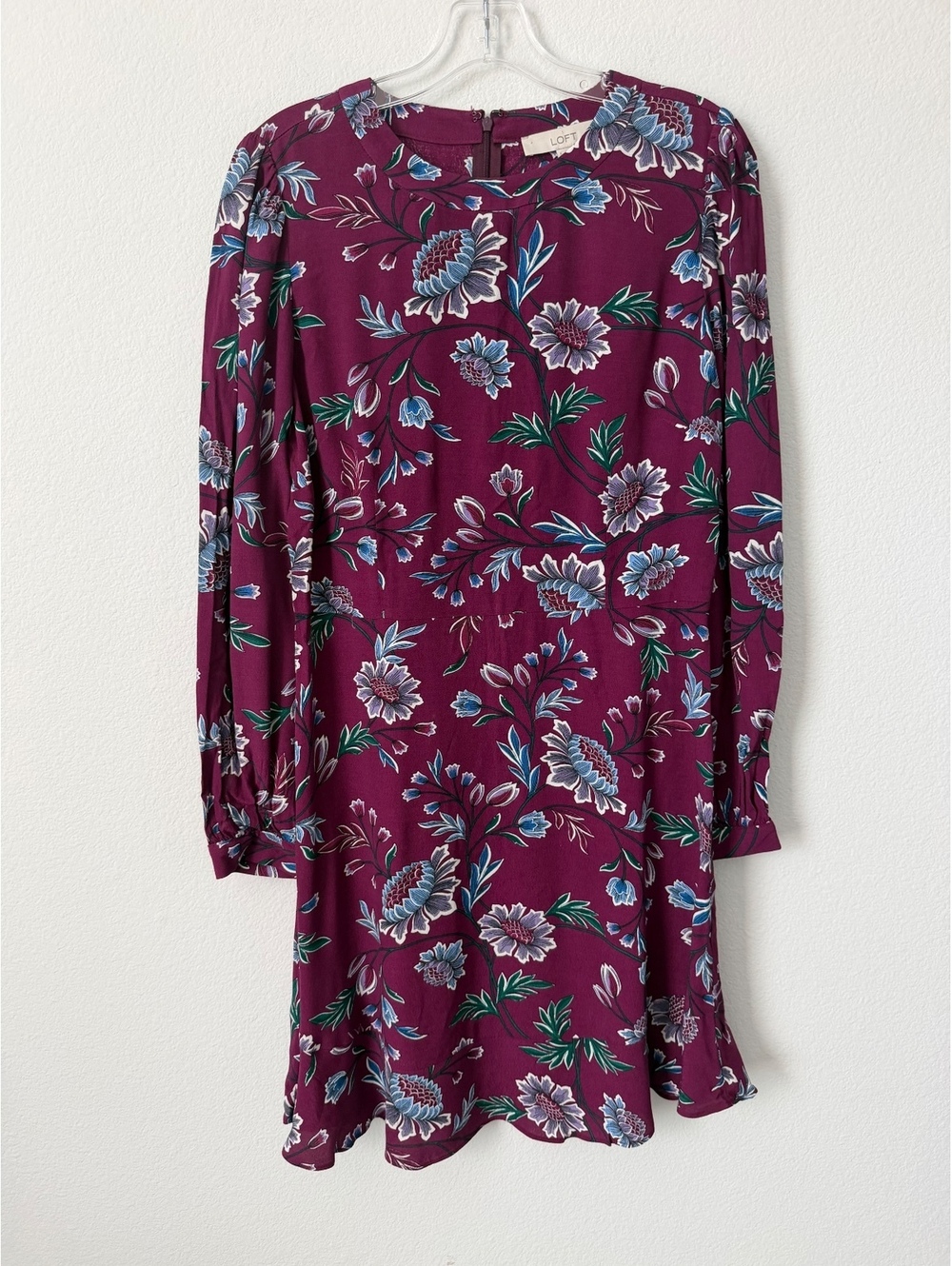 LOFT Long Sleeve Round Neck Floral Burgundy Casual Dress Women's Size 6